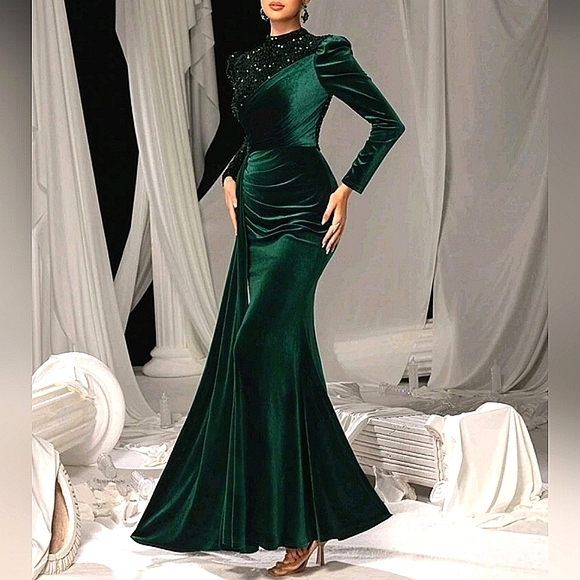 New Luxe Sequin Velvet Long Sleeve Mock Neck Mermaid Maxi Gown Dress Dark Green - Picture 4 of 16